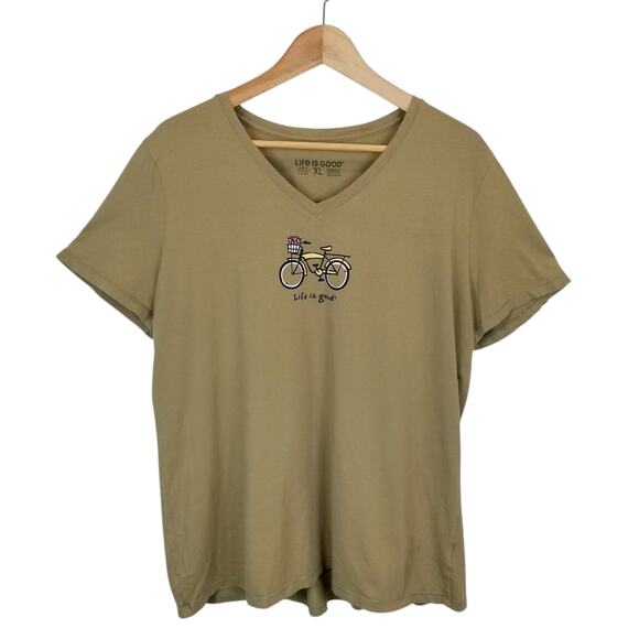 Life Is Good Tops - Life Is Good Army Green Bicycle V-Neck Cotton T-Shirt Women's Size XL